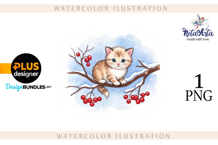Christmas Kitten in Watercolor Style example image 1
