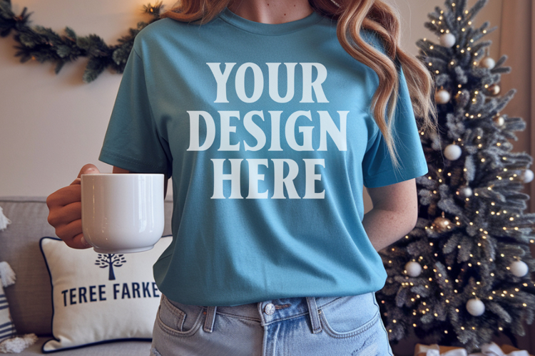 Comfort Colors 1717 Blue Spruce Christmas T-Shirt Mockup, Bo