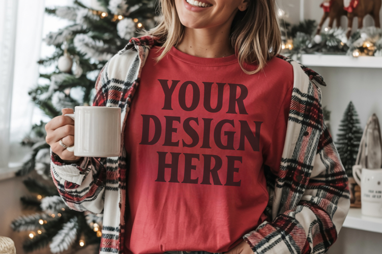 Christmas Comfort Colors 1717 Red T-Shirt Mockup Real Model