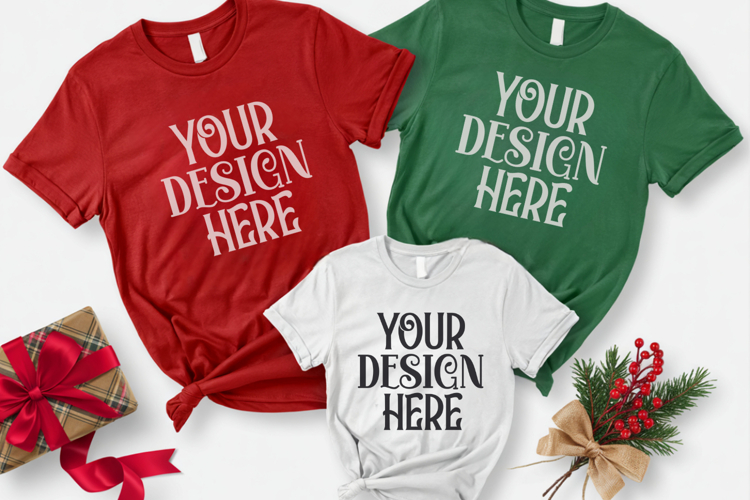 Christmas Family Matching Shirt Mockup | Cozy Boho Flat Lay