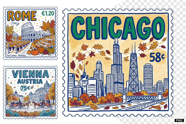 Fall Travel Postage Stamps Clipart