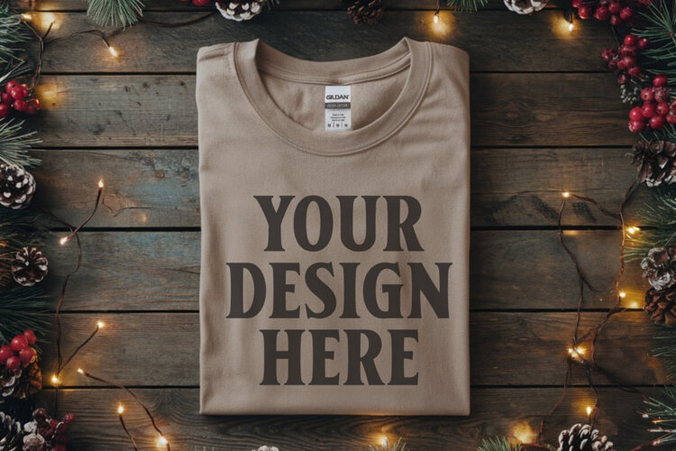 Gildan 64000 Sand Folded Christmas Flat Lay T-shirt example image 1