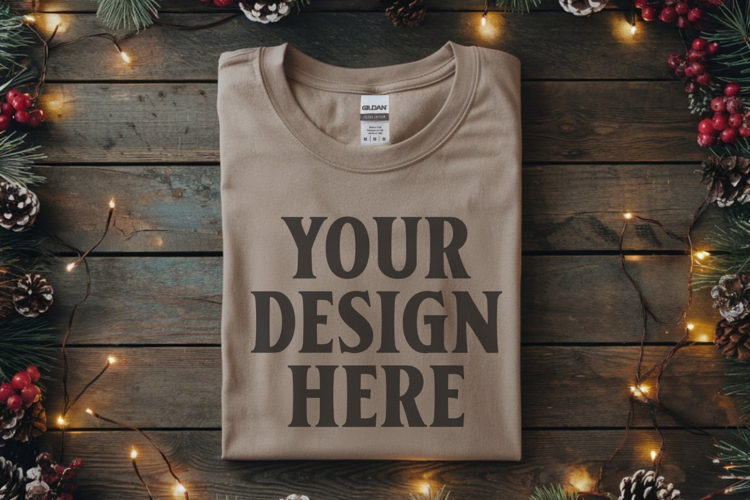 Gildan 64000 Sand Folded Christmas Flat Lay T-shirt