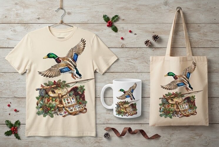 Christmas Mallard Duck and Fishing Tackle Holiday Art PNG example image 1
