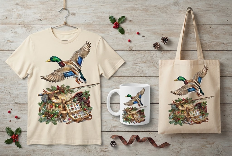 Christmas Mallard Duck and Fishing Tackle Holiday Art PNG