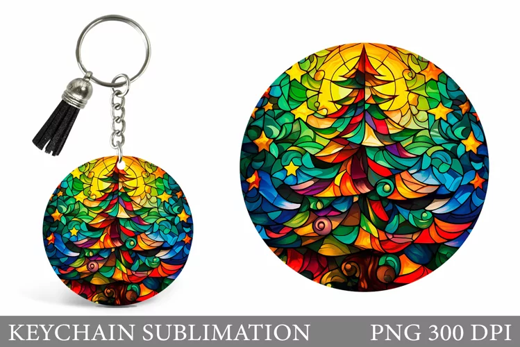 Christmas Tree Round Keychain. Stained Glass Keychain Design