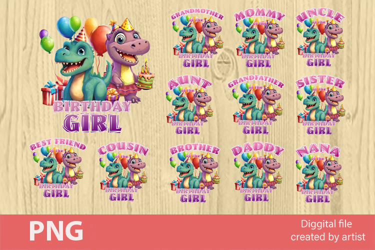 Dinosaurs birthday girl png, birthday family png, bundle