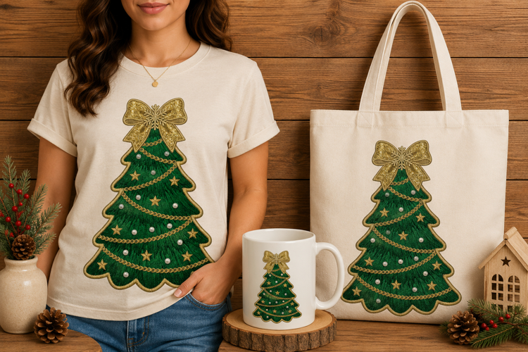 Elegant Green Christmas Tree Embroidery Gold Bow Design