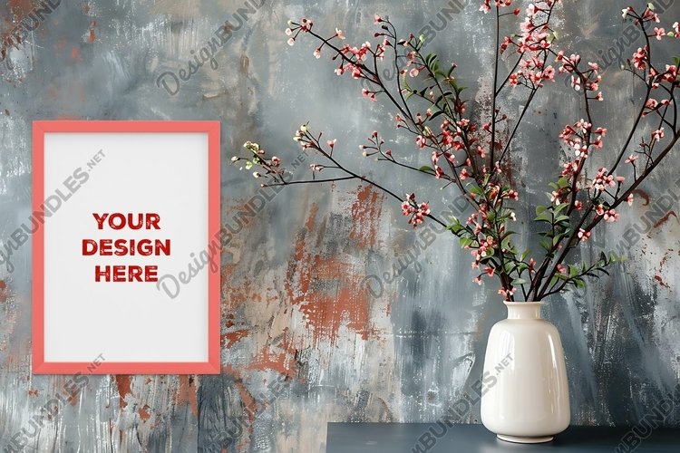Frame mockup on grunge industrial wall with vase and flowers example image 1