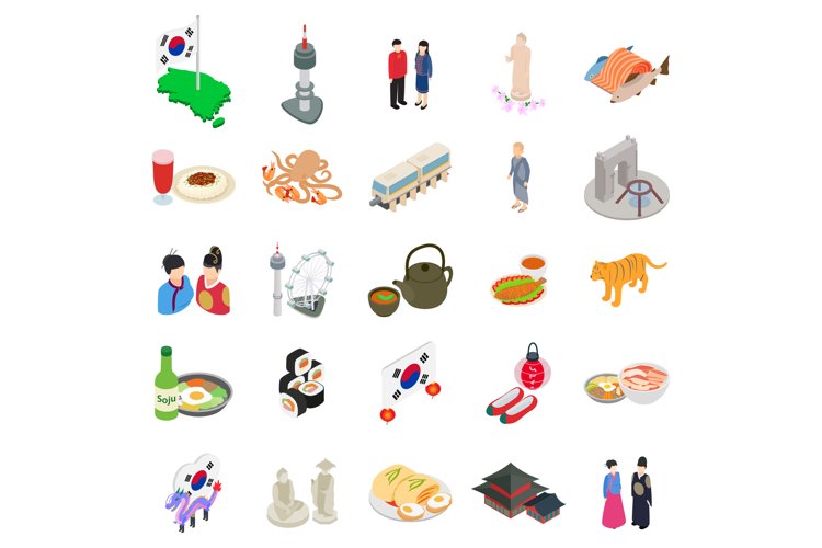 Korean icons set, isometric style
