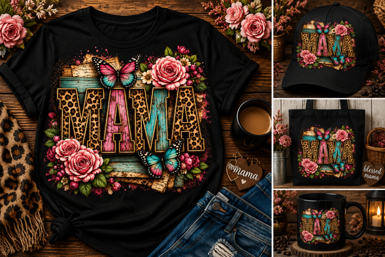 Mama Leopard PNG | Rustic Floral Mama Sublimation Design wit