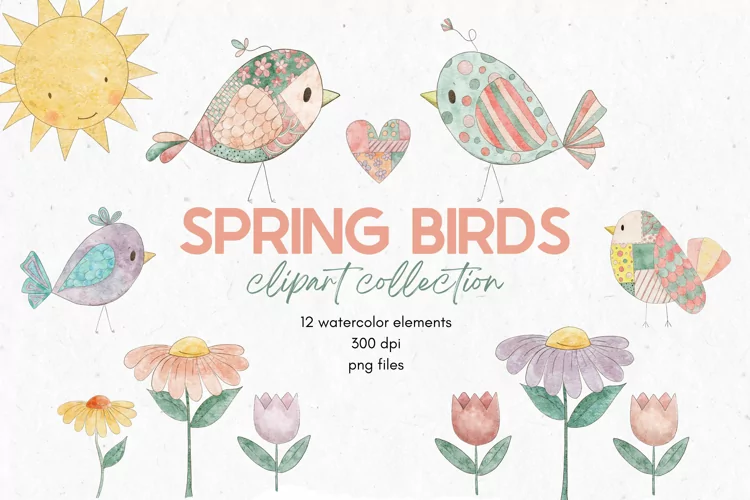 Watercolor Birds Clipart | Whimsical Spring Birds Clip Art
