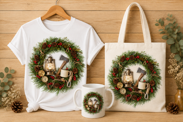 Rustic Camping Christmas Wreath Lantern Axe Pine Art Print
