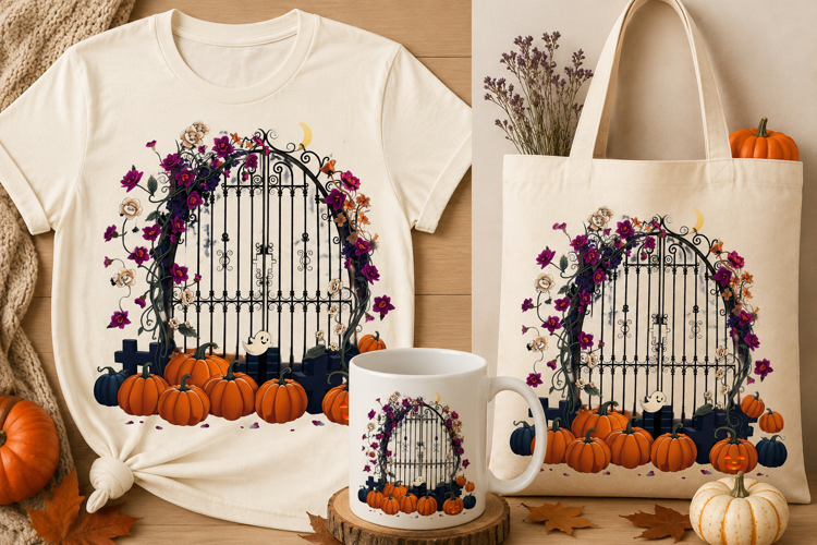 Gothic Halloween Graveyard PNG | Pumpkin & Floral Gate Clipa