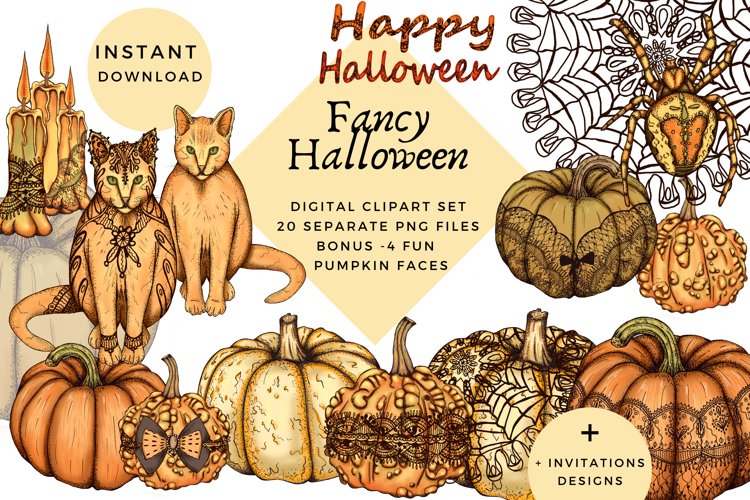 Fancy halloween clipart, halloween party png set, pumpkins example image 1