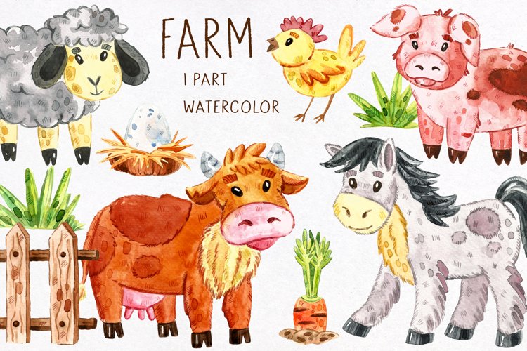 Domestic animals watercolor clipart. JPEG PNG