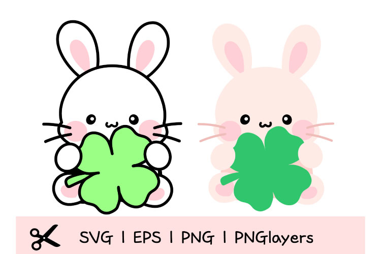 Cute Bunny Clover SVG, Kawaii Rabbit Clipart, Lucky Four Lea