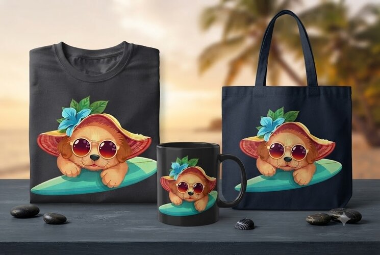 Cute Puppy Surfboard PNG Summer Beach Dog Clipart Design example image 1