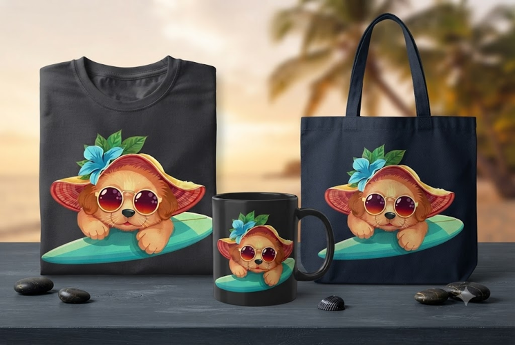 Cute Puppy Surfboard PNG Summer Beach Dog Clipart Design