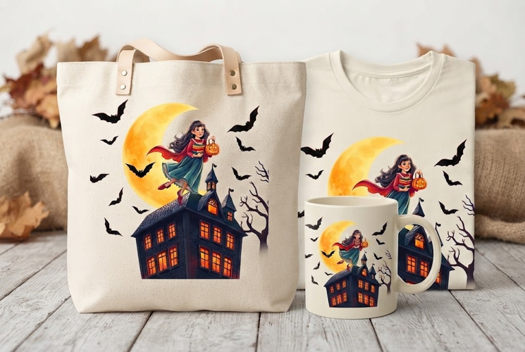 Halloween Witch Girl PNG | Haunted House Moon Bat Clipart