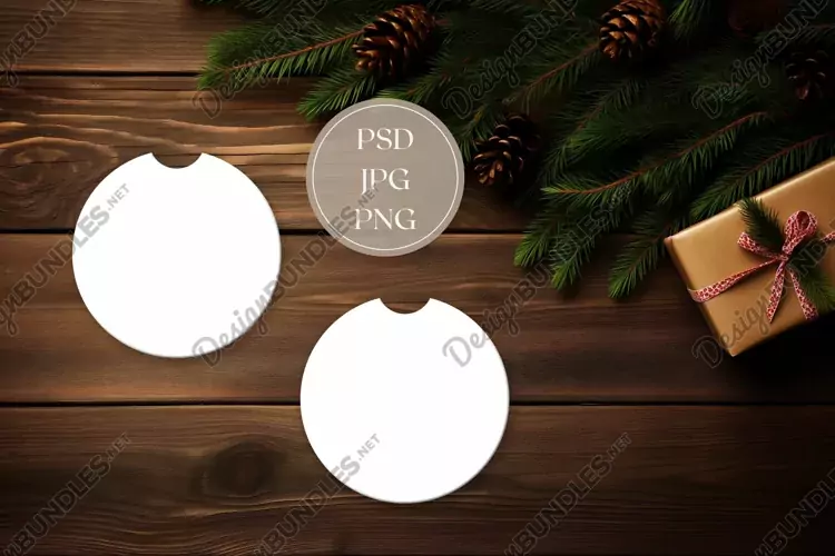 Christmas Car Coasters Mock Up, Wooden Table Flat Lay Design