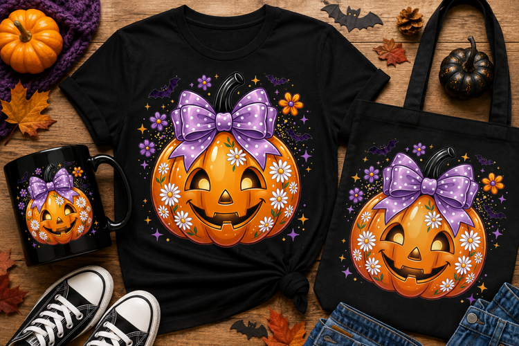 Cute Halloween Pumpkin with Purple Bow PNG Clipart Design