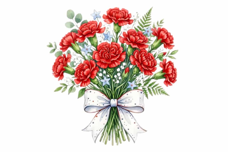 Watercolor red carnation bouquet Memorial Day Patriotic