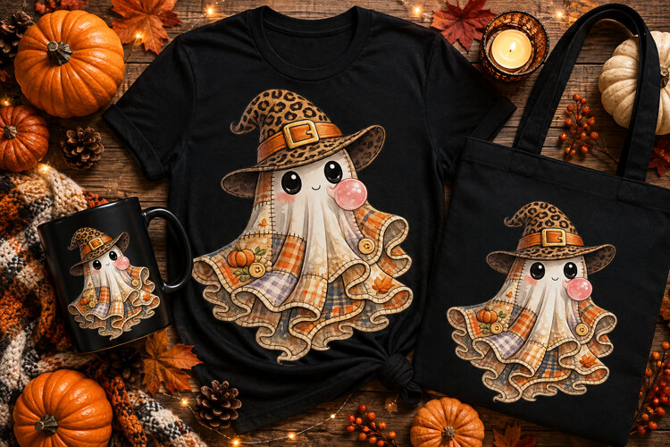 Cute Patchwork Ghost with Leopard Witch Hat PNG | Kawaii Hal example image 1