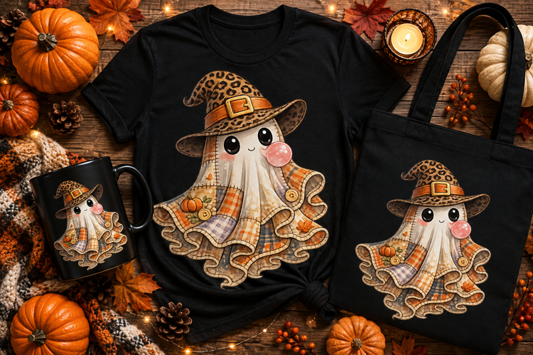 Cute Patchwork Ghost with Leopard Witch Hat PNG | Kawaii Hal