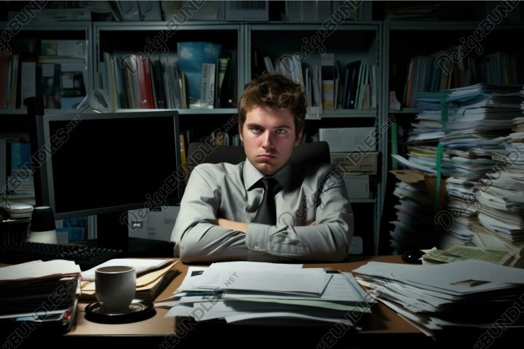 Overworked young man at a messy office desk with a computer example image 1