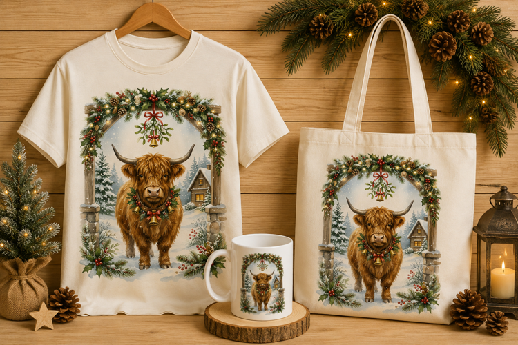 Highland Cow with Christmas Bells Winter Art Print