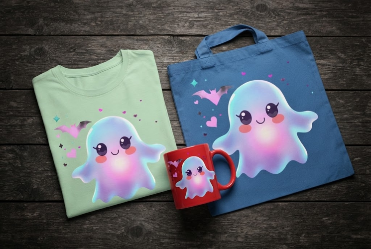 Kawaii Pastel Ghost Halloween PNG with Hearts & Bats