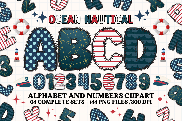 Ocean Nautical png alphabet, ocean nautical letters doodle
