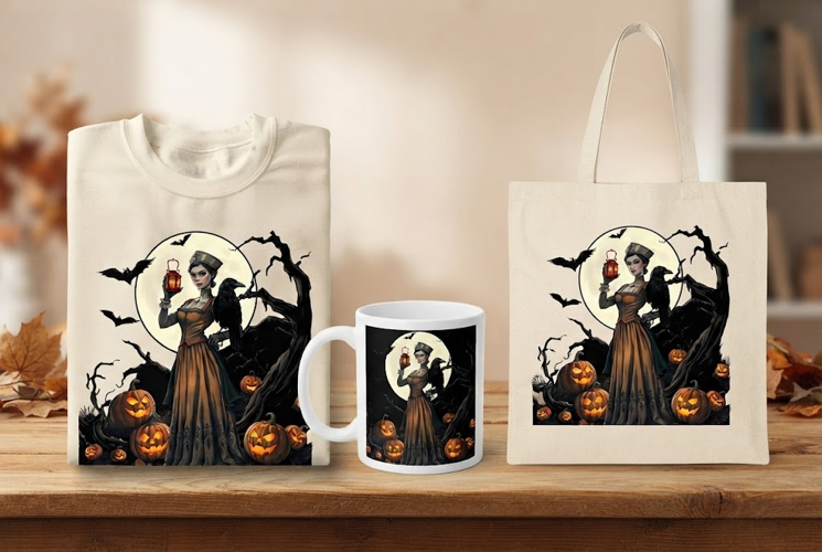 Gothic Halloween Woman PNG | Witch Raven Pumpkin Clipart