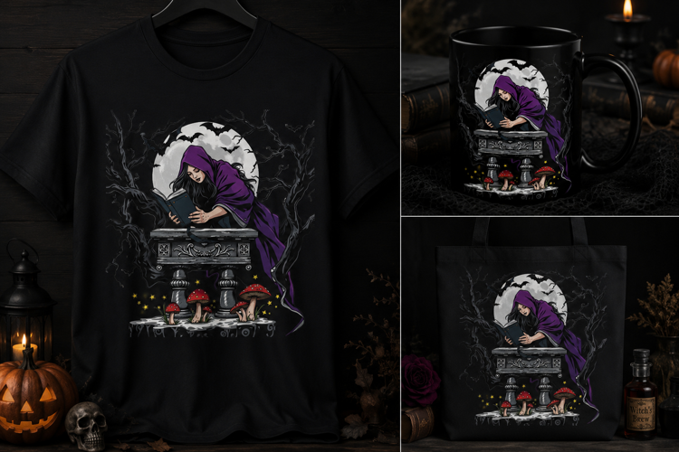 Gothic Witch Reading PNG | Purple Cloak, Moon & Mushrooms