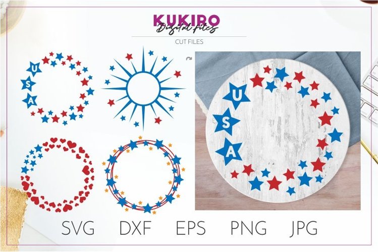 Wreaths Stars SVG- 4th Of July sign making design - Cut file example image 1