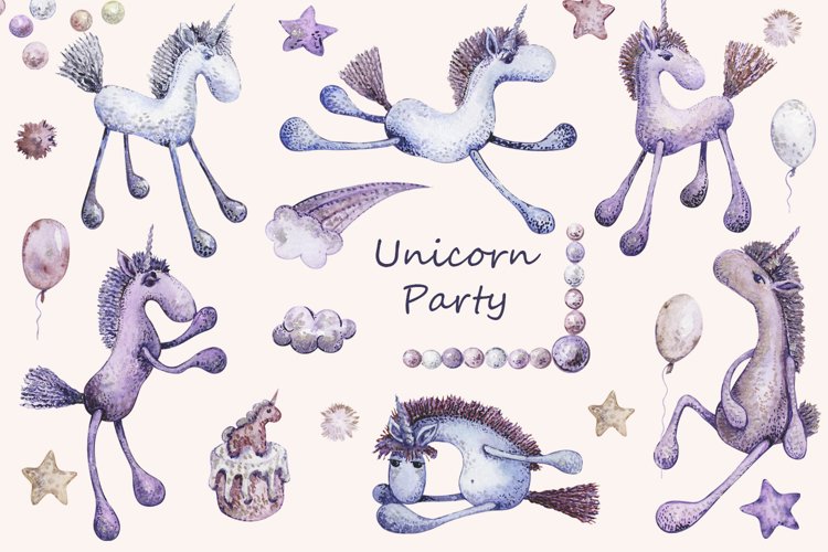 Watercolor Unicorn Birtday party clipartset png, Cute, Baby example image 1