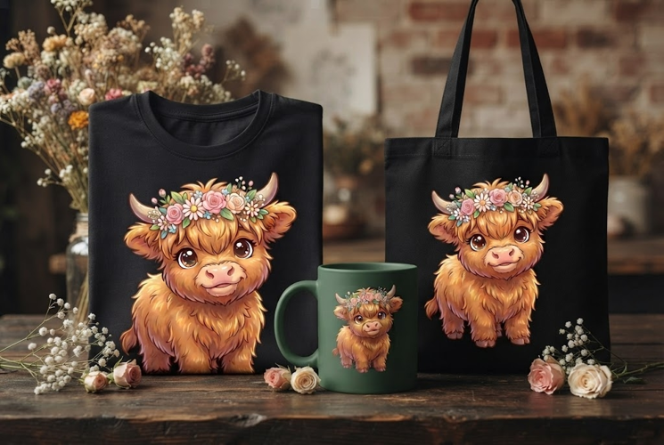 Floral Highland Cow PNG | Cute Cow with Flower Crown Clipart