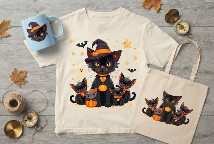 Halloween Black Cat Family PNG | Witch Hat & Pumpkins