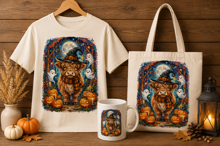 Witch Highland Cow Ghost Forest Halloween Art Print