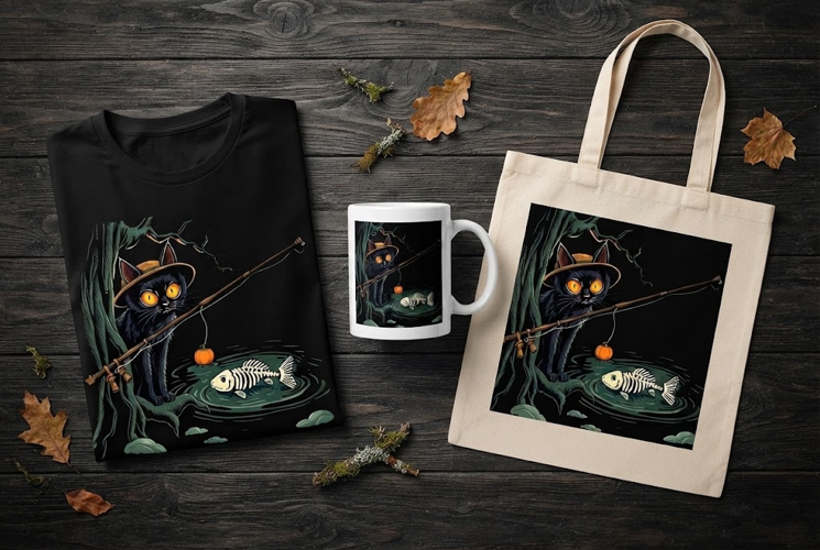 Black Cat Fishing Skeleton Fish Halloween Design
