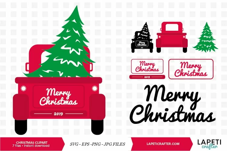 Red Vintage Christmas truck with tree svg, eps, jpg, png