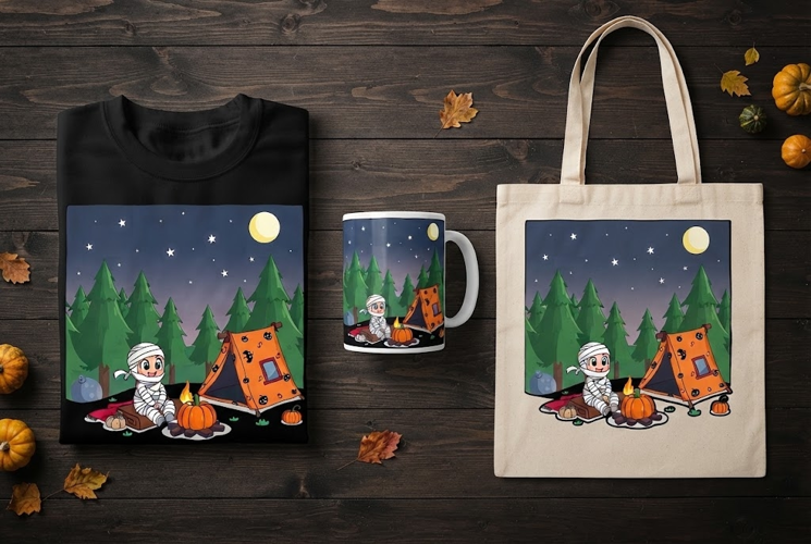 Cute Mummy Camping Halloween Design with Pumpkin Tent