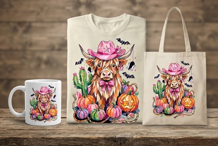 Geometric Pink Cow Cowboy Hat Halloween Art example image 1