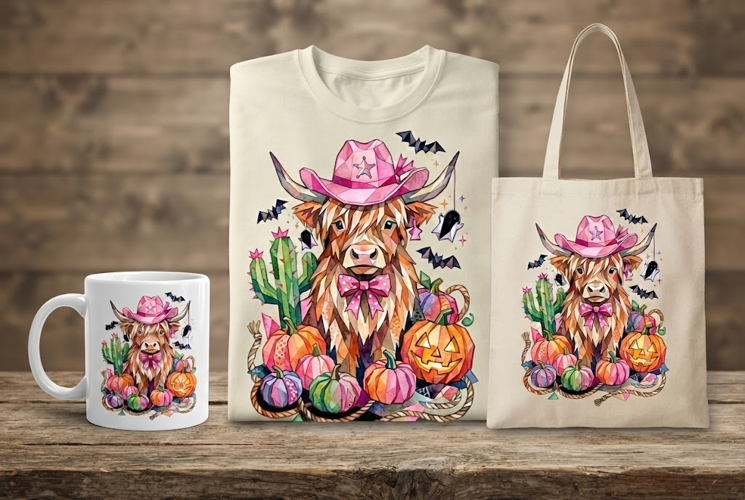 Geometric Pink Cow Cowboy Hat Halloween Art