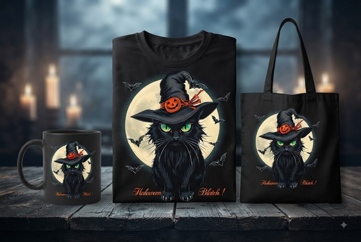 Halloween Black Cat Witch PNG | Spooky Moon & Bat Clipart