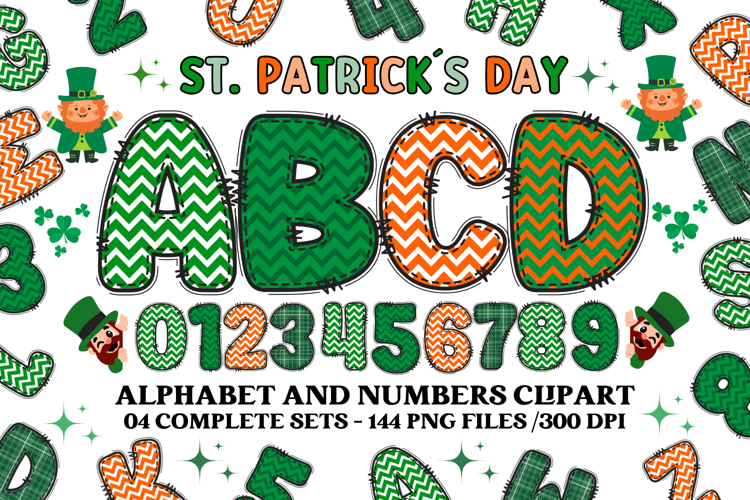 St patrick alphabet png clipart, st patrick letters doodle