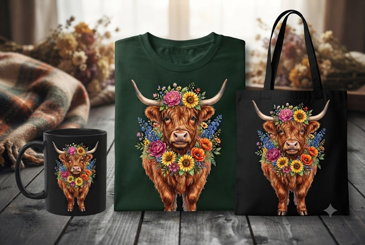 Floral Highland Cow PNG, Sunflower Cow, Farmhouse Clipart