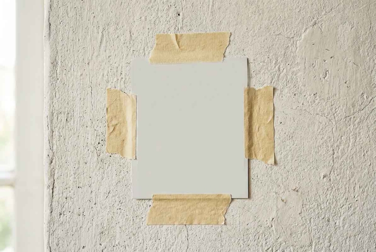 A blank white Polaroid sheet of paper taped