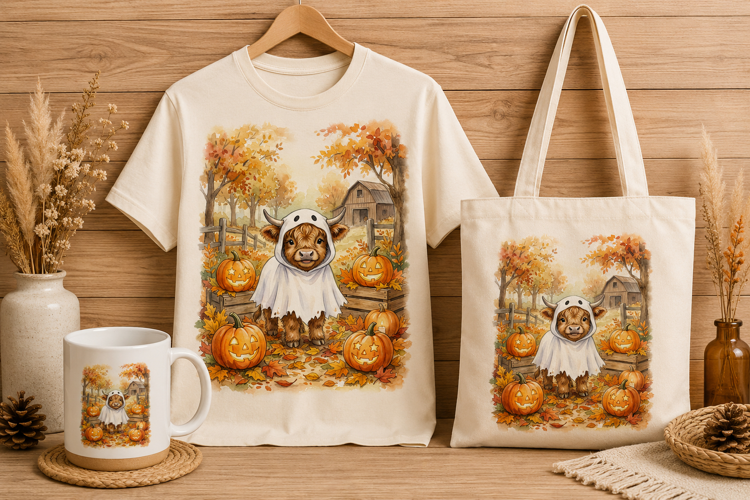Ghost Costume Baby Highland Cow Halloween Watercolor Art